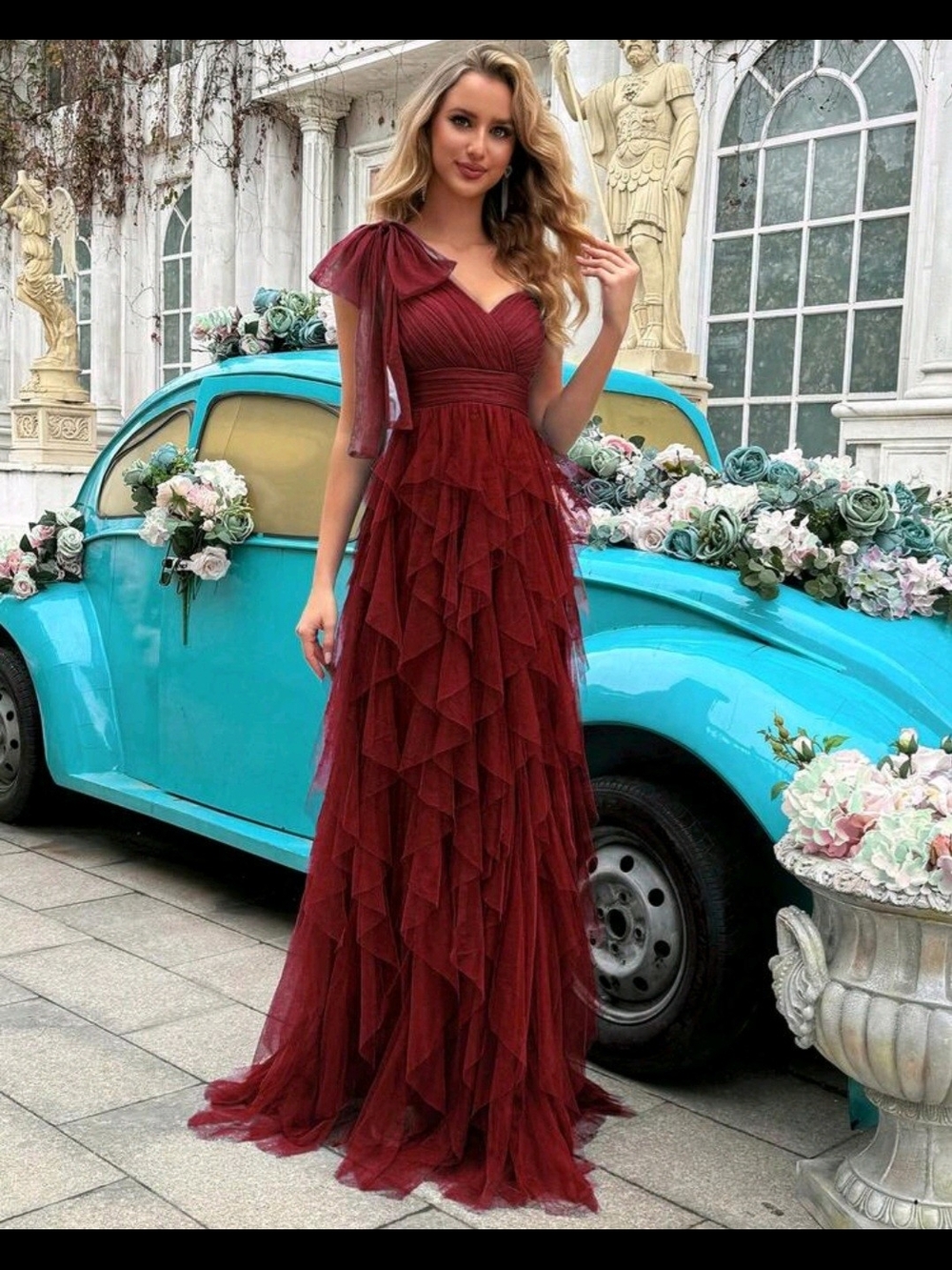 Elegant Burgundy Ruffle Evening Gown - Women Dresses